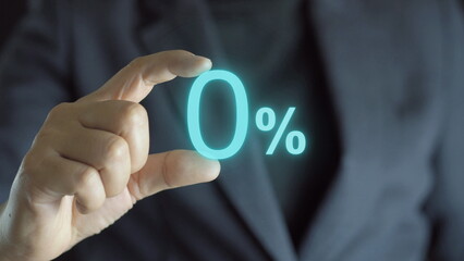 Businessman holding zero percentage on hand with copy space for sale discount promotion for Black...