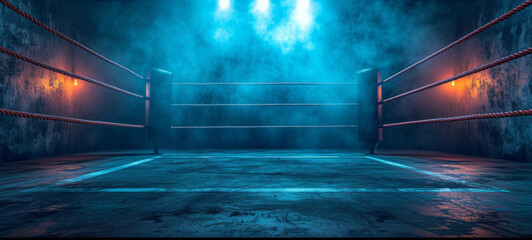 Boxing ring in a spacious empty sports club. Arena for professional boxing matches, illuminated by powerful spotlights. Blue and red lighting.