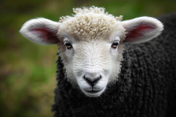 Fototapeta premium A majestic black sheep stands proudly amidst the lush green grass, its snout raised in curious wonder as it gazes into the distance, embodying the essence of a terrestrial mammal in its natural outdo