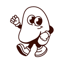 Groovy cartoon monochrome kola nut character with fist up. Funny retro Cola seed walking and smiling, nut mascot with strength and victory gesture, cartoon food snack sticker of 70s 80s style vector