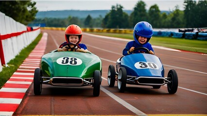 Two Boys Racing Pedal Cars on a Track Course.