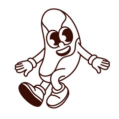 Groovy cartoon monochrome Brazil nut character dancing. Funny retro seed with Selenium, funky dance of happy nut mascot, healthy nutrition cartoon sticker and emoji 70s 80s style vector illustration