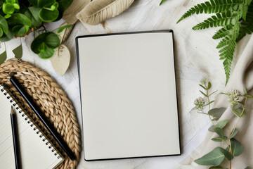 Top view to modern home office workspace on table with white blank open notebook page mockup,...