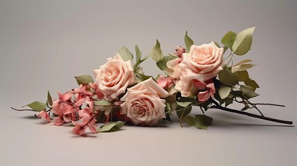 realistic photo Bouquet of flowers with rose leaves, with a minimalist background. generative ai