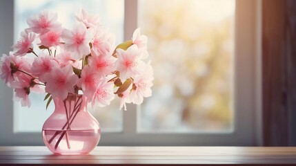 realistic photo Beautiful pink flowers in a vase on a wooden table, with a window in the background. generative ai