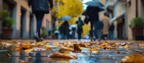 Blur obscures faces as people walk by with rain gear and leaves litter the wet sidewalk of a Udine alley on a rainy autumn day. - obrazy, fototapety, plakaty