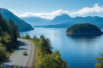 As the car winds along the highway, surrounded by lush trees and dramatic mountains, the expansive fjord stretches out to meet the endless sky above, inviting the traveler on a journey through the br - obrazy, fototapety, plakaty