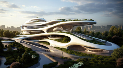 Futuristic sustainable complex office building for green economy and sustainability comeliness