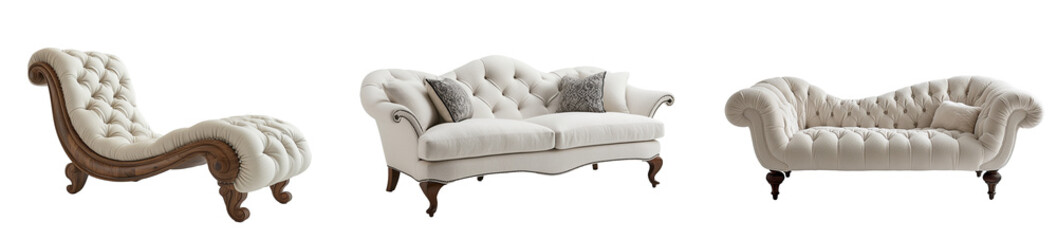 A set of vintage-inspired sofa featuring elegant curves and plush upholstery against a transparent backdrop.