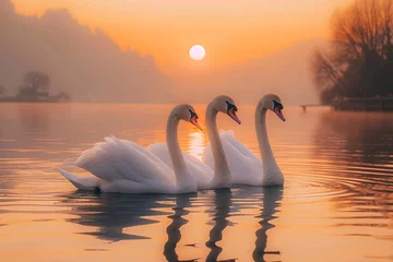  As the sun sets on the serene lake, a graceful group of swans glides through the shimmering water, their majestic forms reflecting in the colorful sky © Pinklife