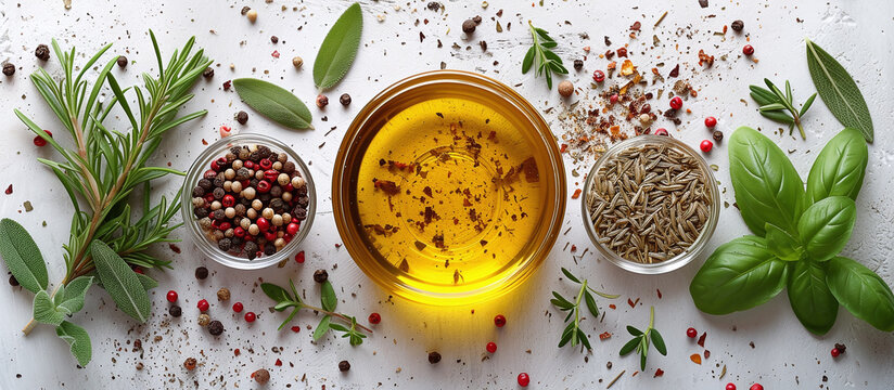 olive oil, herbs and spices, top view on white background