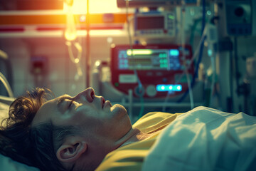 Patient Under Critical Care with Life-Saving Equipment in Hospital - obrazy, fototapety, plakaty