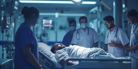 Hospital Staff Monitoring a Patient's Condition in Intensive Care - obrazy, fototapety, plakaty