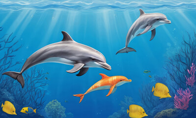 Obraz premium Dolphins under water at the coral reef with tropical fishes. Underwater world of the ocean. Algae, corals and sea anemones on the seabed.