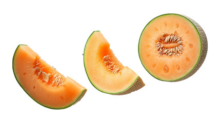 Cantaloupe melon slices with seeds on transparent background, closeup fruit photography