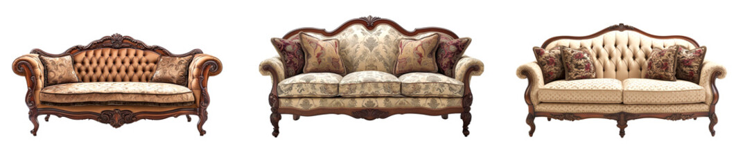  A set of classic camelback sofa showcasing traditional charm, isolated against a white background.