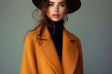 A fashionable girl strikes a pose against a wall, her hair elegantly styled and adorned with a hat and coat, embodying the essence of modern fashion design in a captivating photo shoot