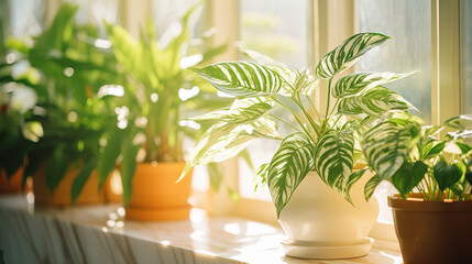 Potted houseplants with green leaves on window sill