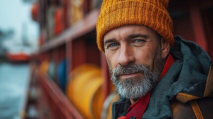 Fototapeta premium Portrait of empowered male maritime professional at work. Hard working man at the ship. Maritime concept. Work concept. Man concept. Male concept. Guy concept.