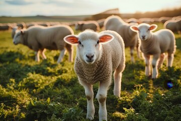 Fototapeta premium A tranquil scene of a herd of woolly sheep standing in a lush, grassy meadow on a farm, surrounded by the beauty of nature and the harmony of animal and plant life