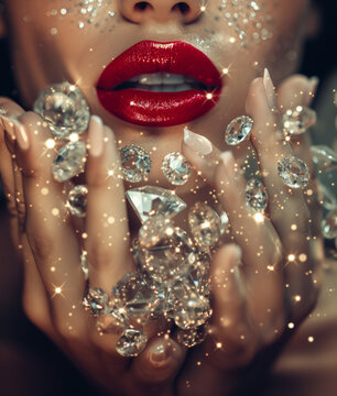 A beautiful model holding her hands to her face with bright red lips, with diamonds falling and surrounding her.