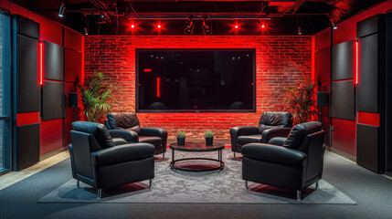 Modern Empty Podcast Studio Room. Stylish Red-Hued Interview Space. Ambient Lighting, Perfect for Engaging Conversations