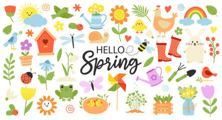 Cute spring elements set. Hello spring lettering. Springtime stickers for poster and greeting cards. Hand drawn vector illustration