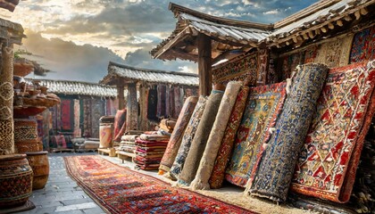 various colorful oriental rugs and carpets stacked