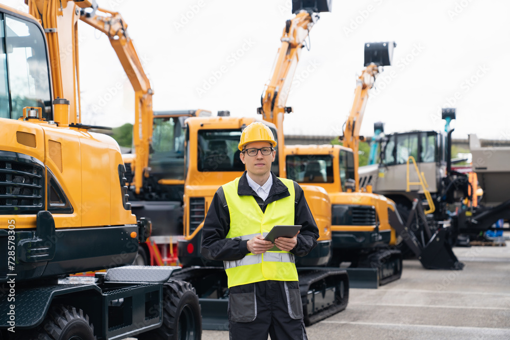Poster engineer in a helmet with a digital tablet stands next to construction excavators..