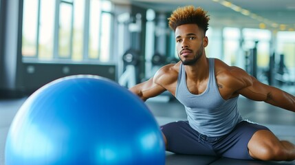 Focused Man Exercising with Stability Ball in Gym