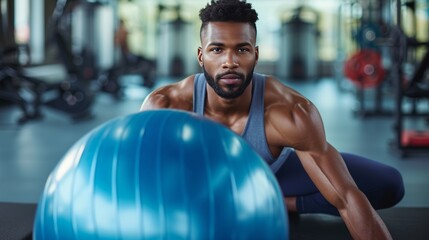 Focused Man Exercising with Stability Ball in Gym