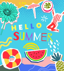 colorful hello summer background with collage paper design