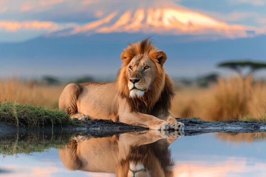 A majestic masai lion basks in the serene waters, framed by a breathtaking mountain backdrop, as the warm hues of sunrise paint the sky and the tranquil grass sways in the gentle breeze