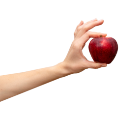 Isolated female's hand holds red apple. Nutrition and healthy eating concept.