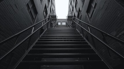 A monochromatic shot of a fire escape staircase, epitomizing urban utility and aesthetics - obrazy, fototapety, plakaty