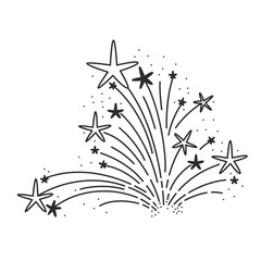 Sparkle and explode stars in fireworks line icon. Thin black outline silhouette of bright magic burst of light and stars, flying sparks monochrome icon, firecracker fire element vector illustration