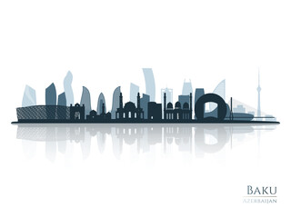 Baku skyline silhouette with reflection. Landscape Baku, Azerbaijan. Vector illustration.