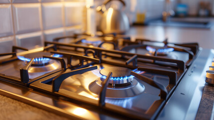 Photograph of a gas stove in a household kitchen - obrazy, fototapety, plakaty