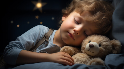 A serene close-up of a little boy sleeping peacefully in bed, clutching his teddy bear.