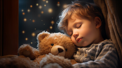 A serene close-up of a little boy sleeping peacefully in bed, clutching his teddy bear.