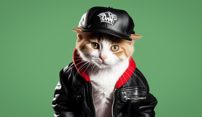 Cool cat in leather jacket and cap