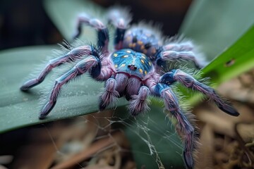A colorful orbweaver spider rests delicately on a vibrant leaf, showcasing the intricate beauty of nature's smallest creatures in stunning macro photography