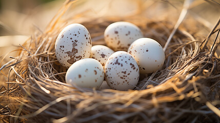 Naklejka na ściany i meble A close-up of quail eggs nestled snugly in a natural nest.