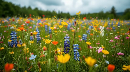 Obraz premium A meadow blanketed in colorful wildflowers, celebrating the arrival of spring.