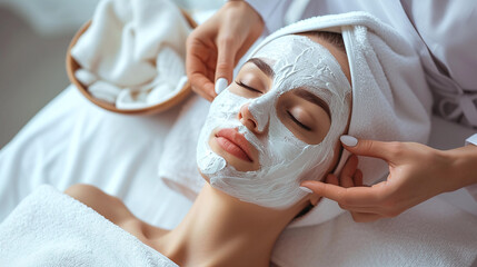 woman lying in spa or beauty salon receiving beauty treatments - obrazy, fototapety, plakaty