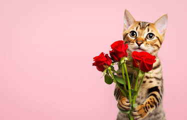 Cute cat with a bouquet of flowers on a uniform background