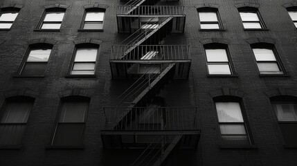 A monochromatic shot of a fire escape staircase, epitomizing urban utility and aesthetics