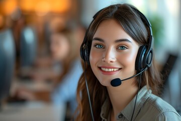 Friendly female customer support operator wearing a headset, smiling warmly, with colleagues in the background, reflecting teamwork and professional assistance.