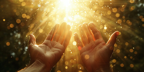 Human hands stretched out to the rays of the sun