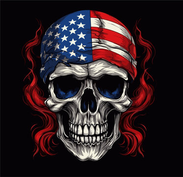 Vector drawing for a t-shirt. 
Skull with an american flag 
tied in a bandana on the head on a black background. 
Fashionable print for fabric, paper, men clothing.